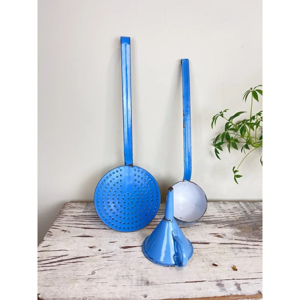 Antique Primitive Robins Egg Blue Enamelware Kitchen Utensils Trio Farmhouse Lot
